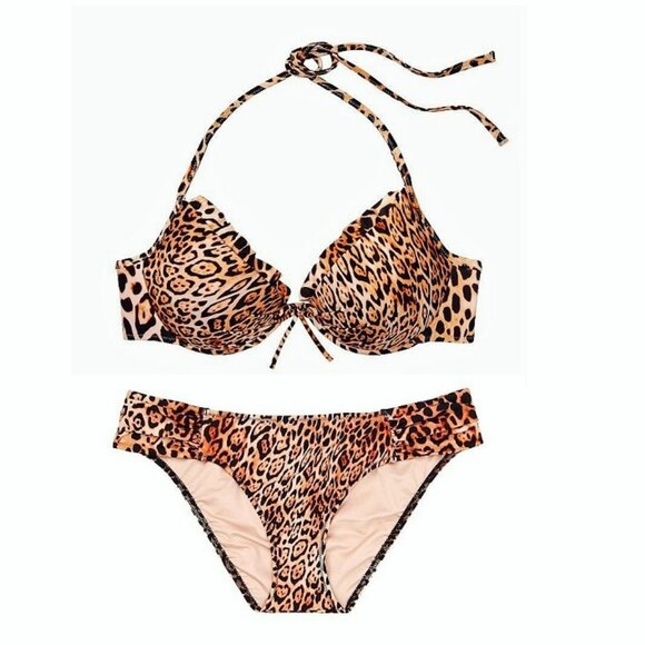 38C/XL VICTORIA SECRET Swim Push-Up Top Bikini Set Knockout Bottom Leopard ruffl - Picture 7 of 11
